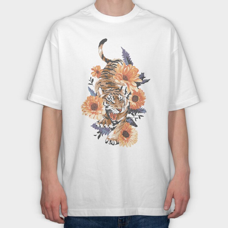 Tiger Floral Attitude, Tricou Oversize Barbati (Unisex)