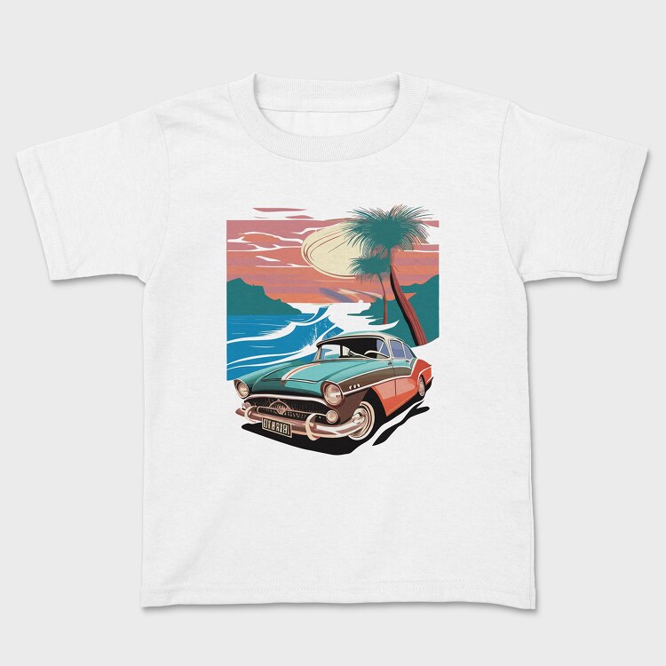 80S Classic Car Sunset Mountains Beach Trees, Tricou Copii