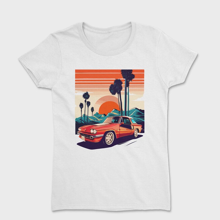 Tricou Femei, Classic Car Convertible With Mountains and Trees