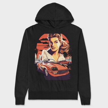 Retro Car Convertible With Girl and Trees, Hanorac Oversize Barbati (Unisex)