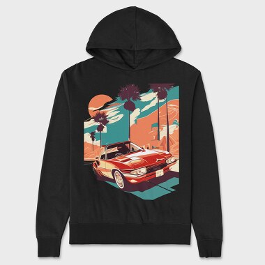 Retro Car Convertible With Mountains, Hanorac Oversize Barbati (Unisex)