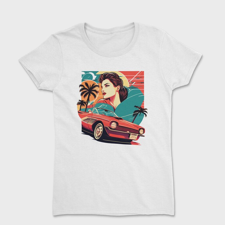 Iconic Vintage Convertible With Girl in Nature, Tricou Femei