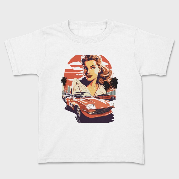 Tricou Copii, Retro Car Convertible With Girl and Trees