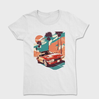 Retro Car Convertible With Mountains, Tricou Femei