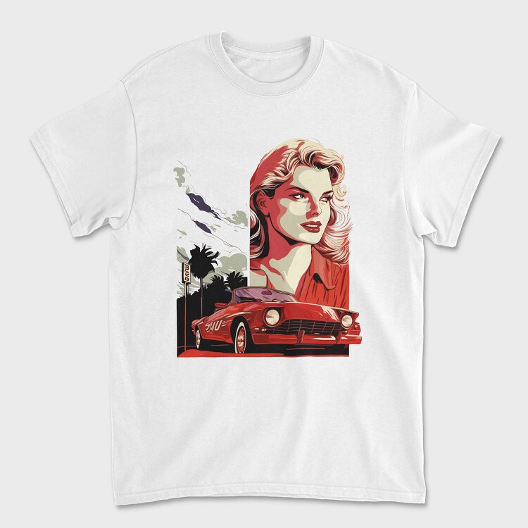 Retro Convertible Car With Woman and Nature, Tricou Barbati (Unisex)