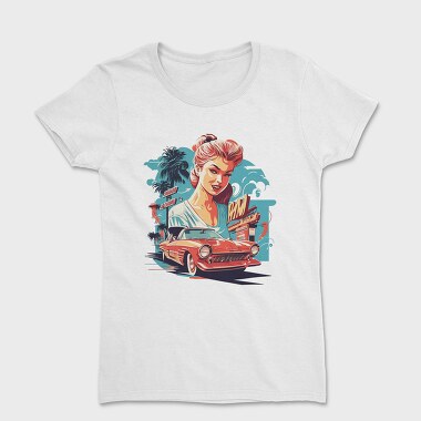 Retro Convertible Classic Car Palm Trees, Tricou Femei