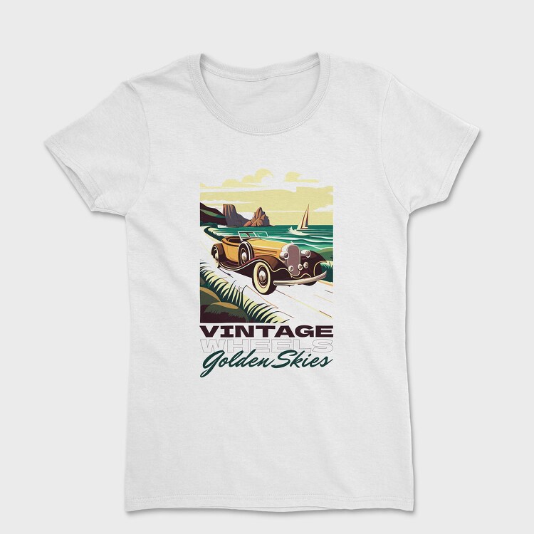 Tricou Femei, Vintage Car Driving Coastal Road 2