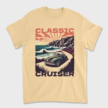 Vintage Car Driving Coastal Road, Tricou Barbati (Unisex)