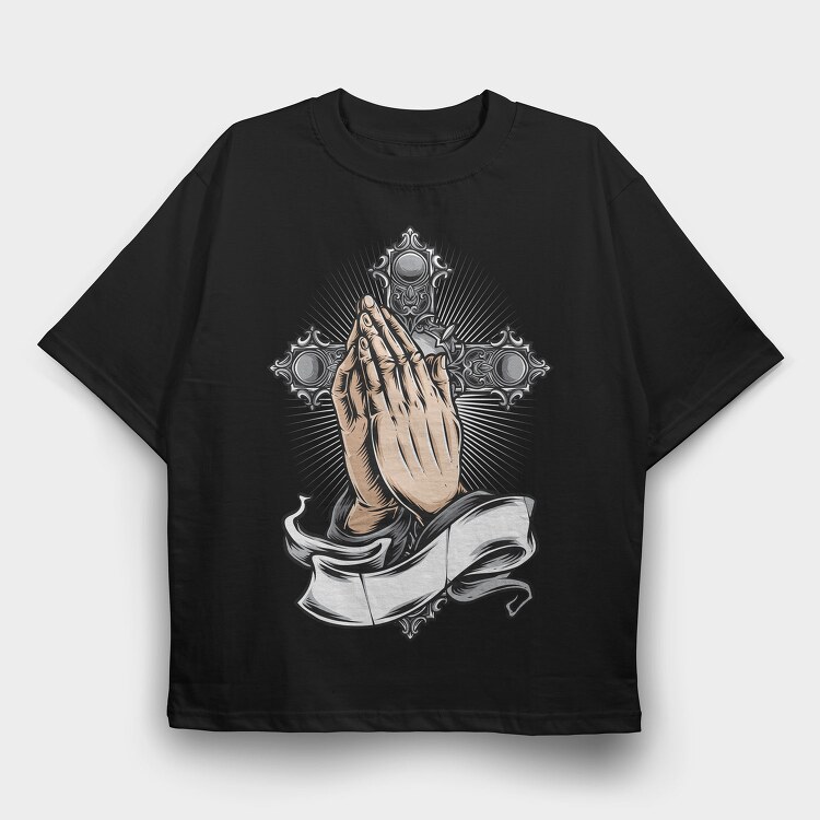 Praying Hands Cross, Tricou Oversize Barbati (Unisex)