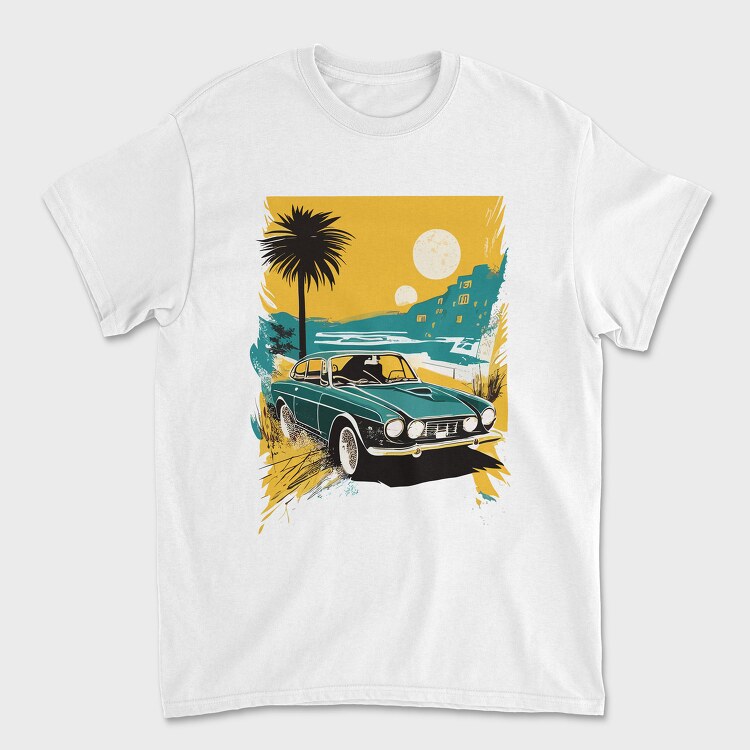 Classic Car Palm Trees Sun Sea City, Tricou Barbati (Unisex)