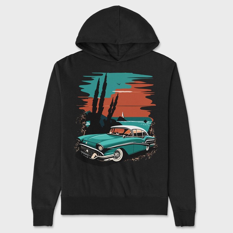 Classic 80S Car Beach Sunset Trees, Hanorac Oversize Barbati (Unisex)
