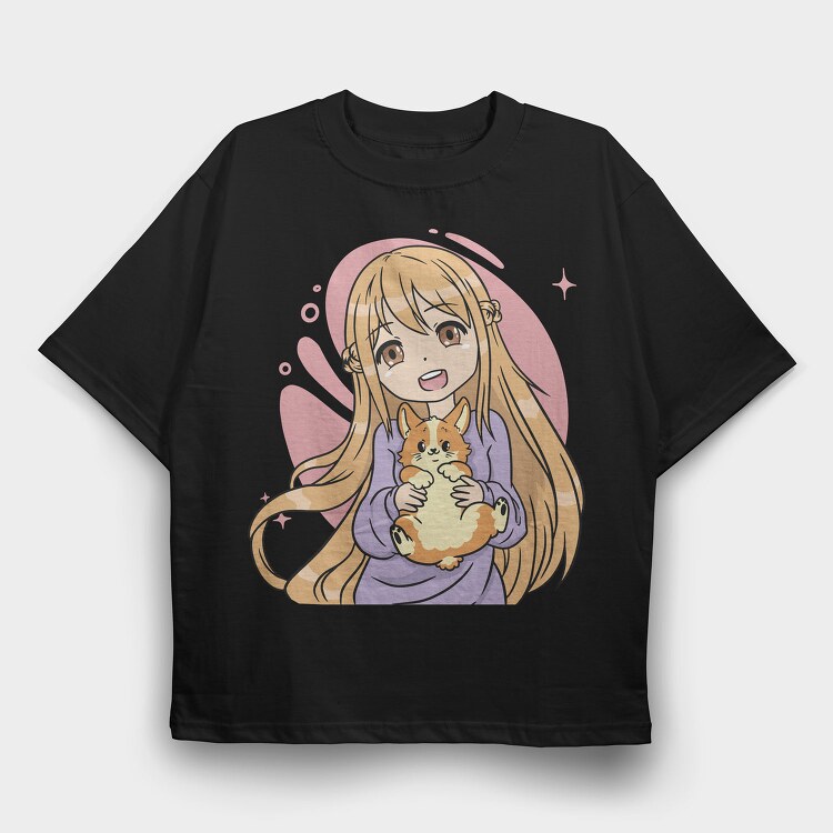 Kawaii Girl Corgi, Tricou Oversize Barbati (Unisex)