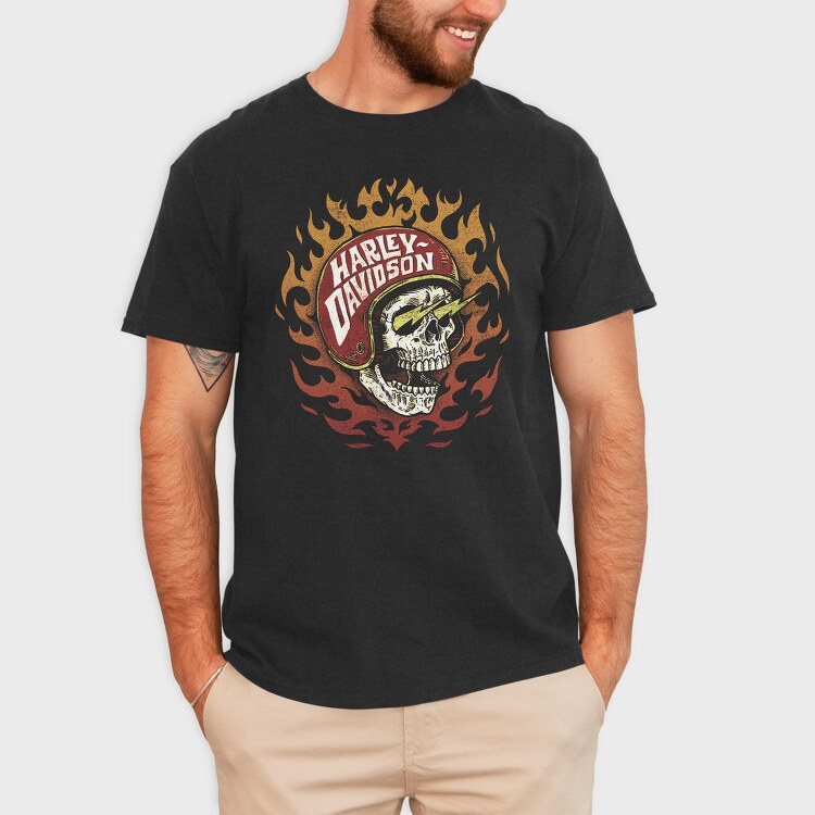 Harley Davidson Flaming Skull, Tricou Barbati (Unisex)
