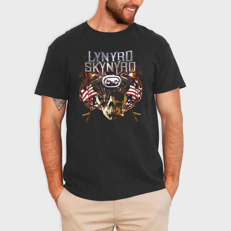 Lynnyrd Skynyrd Flames Flag Skull, Tricou Barbati (Unisex)