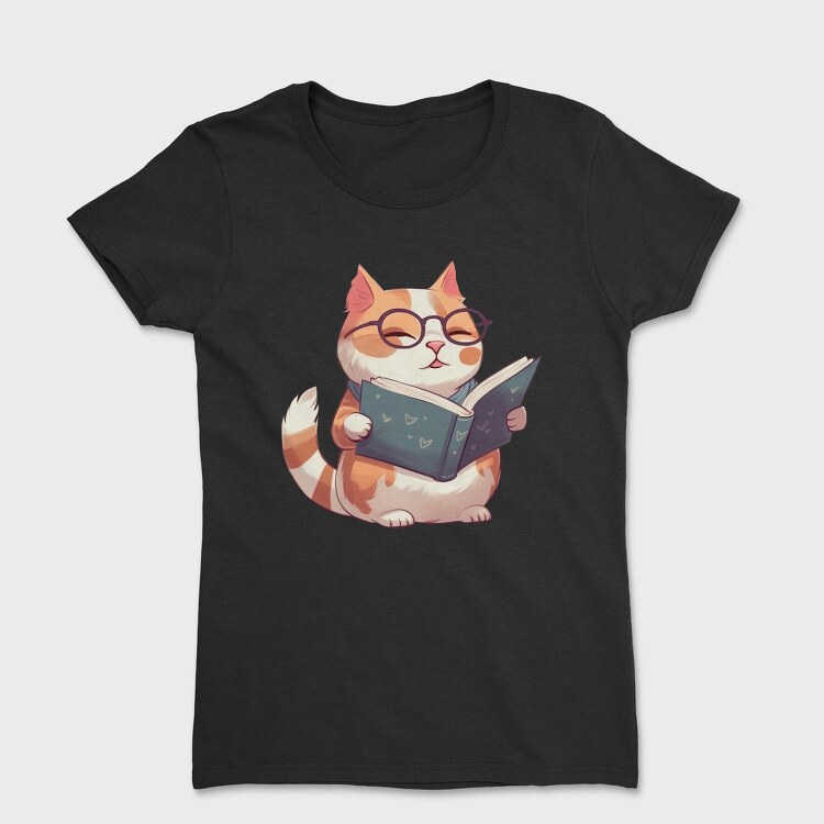 Cat With Glasses Reading Book, Tricou Femei