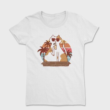 Cat With Summer Drink Retro Sunset, Tricou Femei