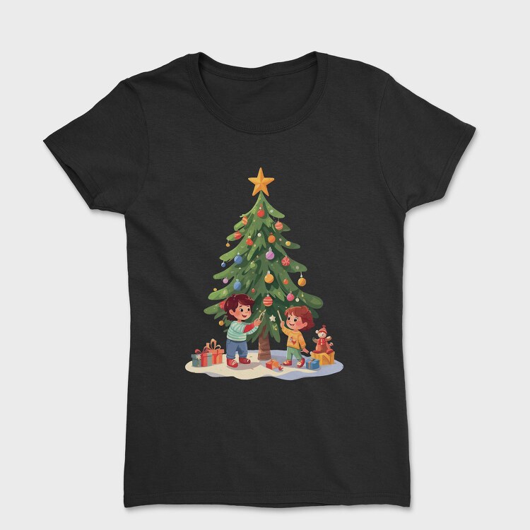 Children Decorating Tree Kids Christmas, Tricou Femei