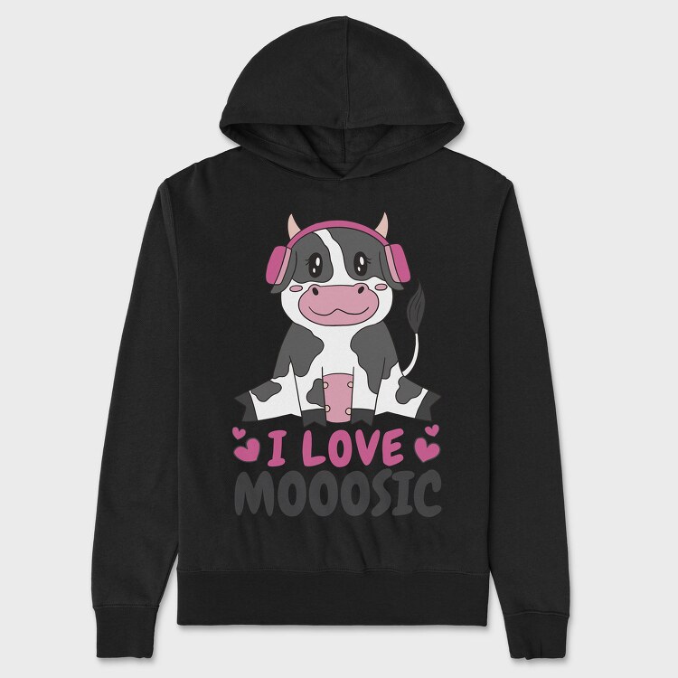Cow With Headphones I Love Moosic, Hanorac Oversize Barbati (Unisex)