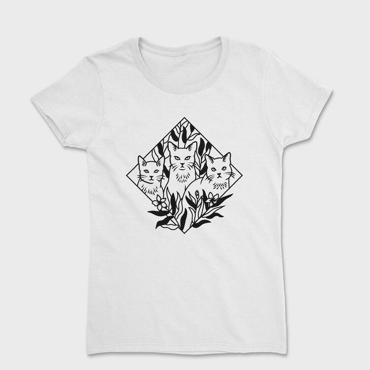 Elegant Cat Trio Illustration With Botanical Elements, Tricou Femei