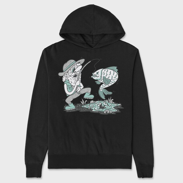 Happy Fisherman And Fish Cartoon, Hanorac Oversize Barbati (Unisex)