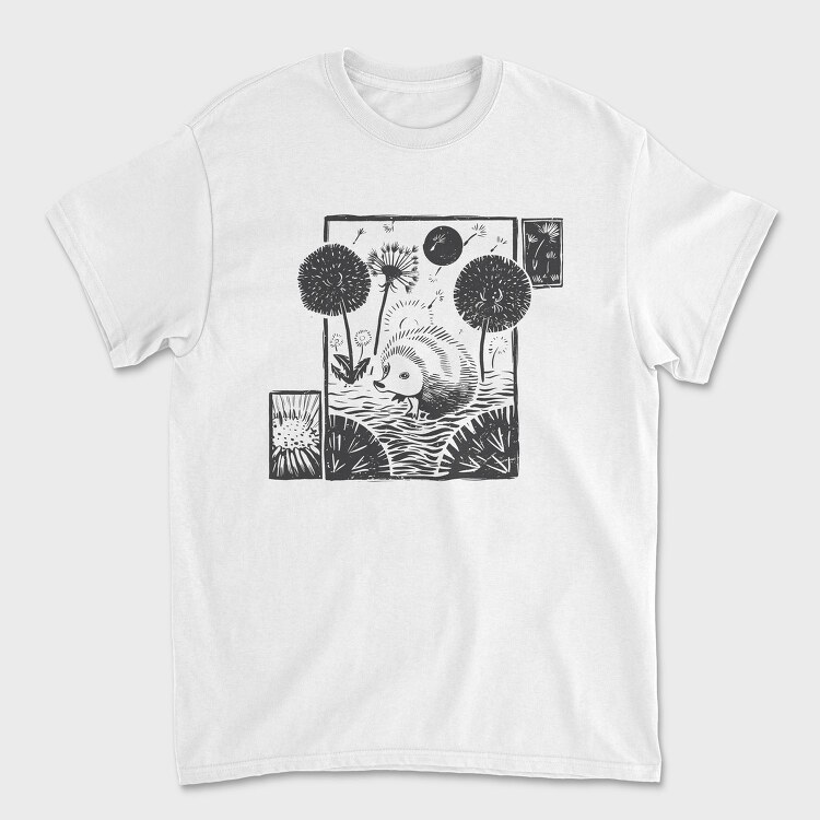 Hedgehog With Dandelions Lino Art, Tricou Barbati (Unisex)