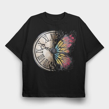 Butterfly And Vintage Clock, Tricou Oversize Barbati (Unisex)