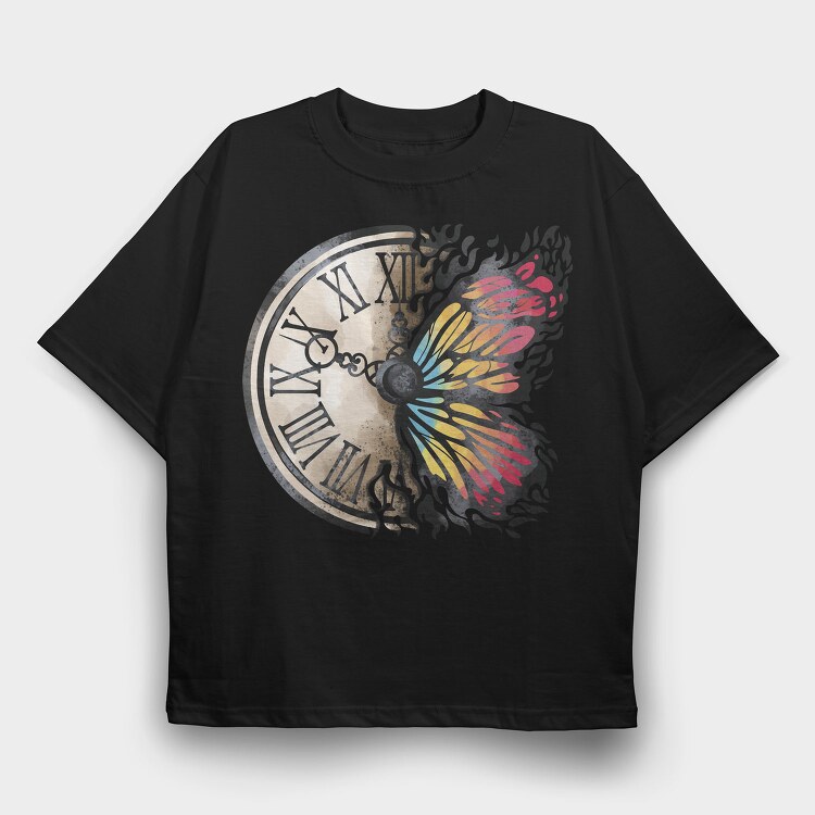 Butterfly And Vintage Clock, Tricou Oversize Barbati (Unisex)