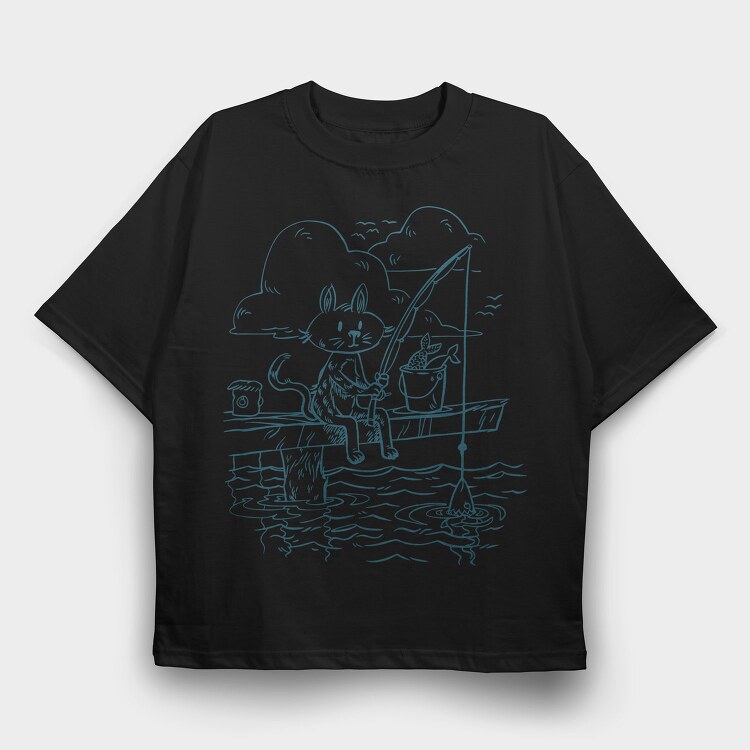 Fishing Cat Doodle, Tricou Oversize Barbati (Unisex)