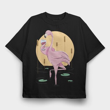 Flamingo Drinking Wine Cool, Tricou Oversize Barbati (Unisex)