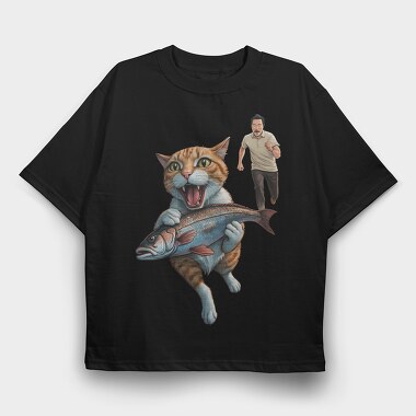 Comical Cat And Fish Escape, Tricou Oversize Barbati (Unisex)