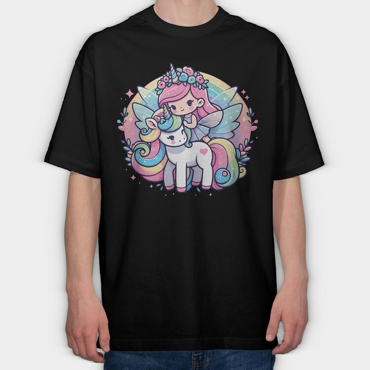 Kawaii Fairy Riding Unicorn, Tricou Oversize Barbati (Unisex)