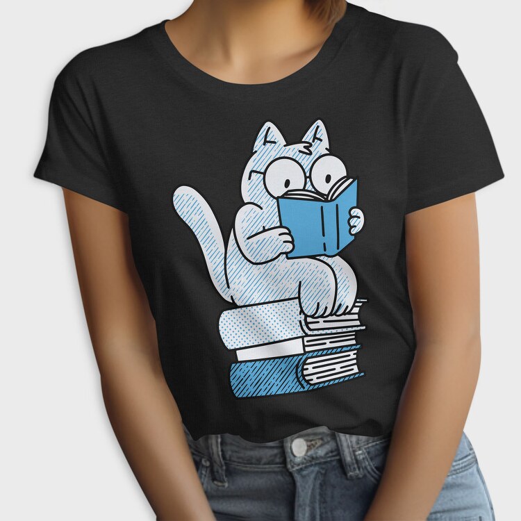 Cat Sitting On Books And Reading, Tricou Femei