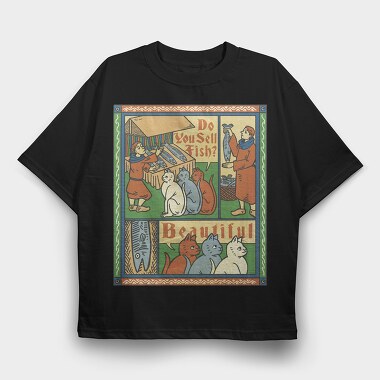 Medieval Cat Animal Painting Asking For Fish, Tricou Oversize Barbati (Unisex)
