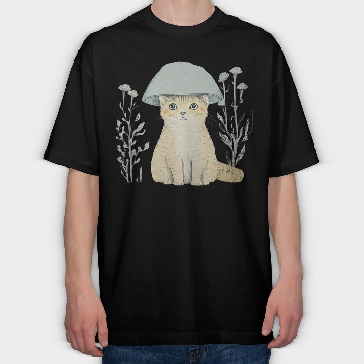 Cat With A Mushroom Hat, Tricou Oversize Barbati (Unisex)