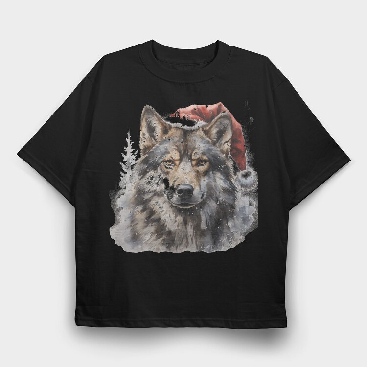 Wolf In Santa Hat Christmas Tote, Tricou Oversize Barbati (Unisex)