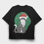 Cat With Fairy Lights Christmas, Tricou Oversize Barbati (Unisex)