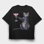 Cat With Martini Throw Pillow Black, Tricou Oversize Barbati (Unisex)