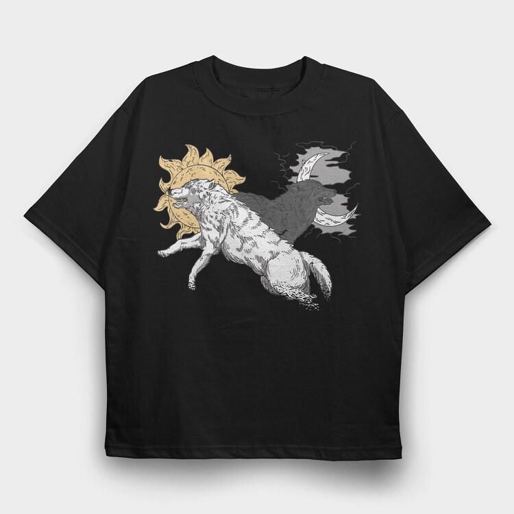 Wolves With Moon And Sun Run, Tricou Oversize Barbati (Unisex)