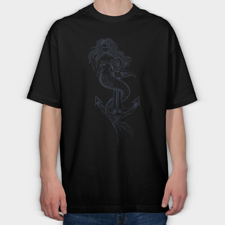 Hand Drawn Mermaid Siren And Anchor, Tricou Oversize Barbati (Unisex)