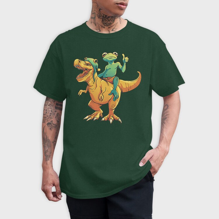 Frog Riding A T Rex Dino Trex, Tricou Barbati (Unisex)