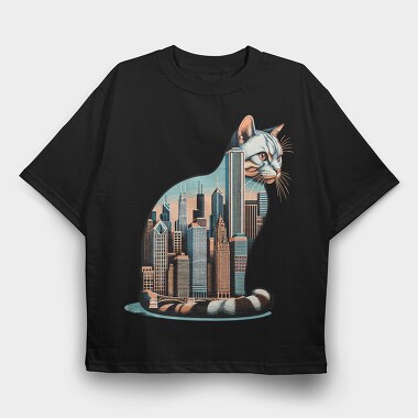 Chicago Skyline Cat, Tricou Oversize Barbati (Unisex)