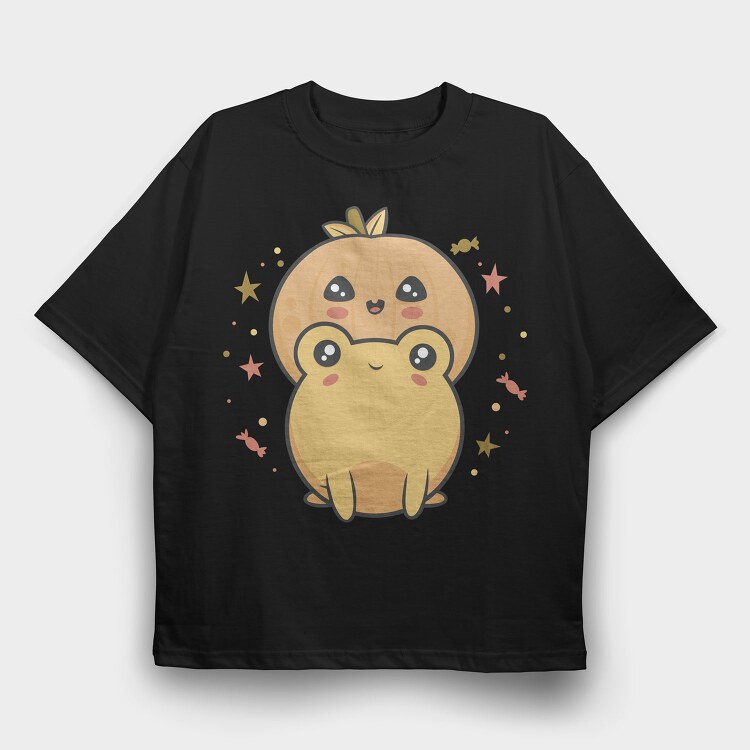 Frog With Pumpkin Kawaii, Tricou Oversize Barbati (Unisex)