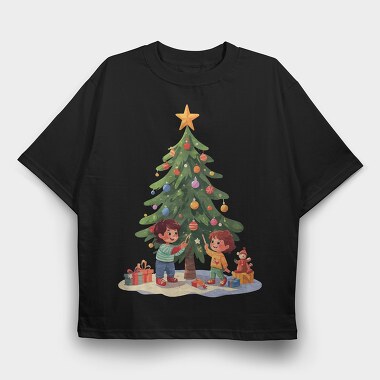 Children Decorating Tree Kids Christmas, Tricou Oversize Barbati (Unisex)