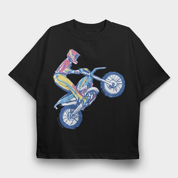 Sketched Motocross Bike Wheeling, Tricou Oversize Barbati (Unisex)