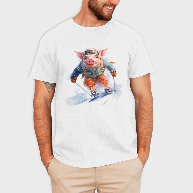 Watercolor Skiing Pig Ski Piggy, Tricou Barbati (Unisex)