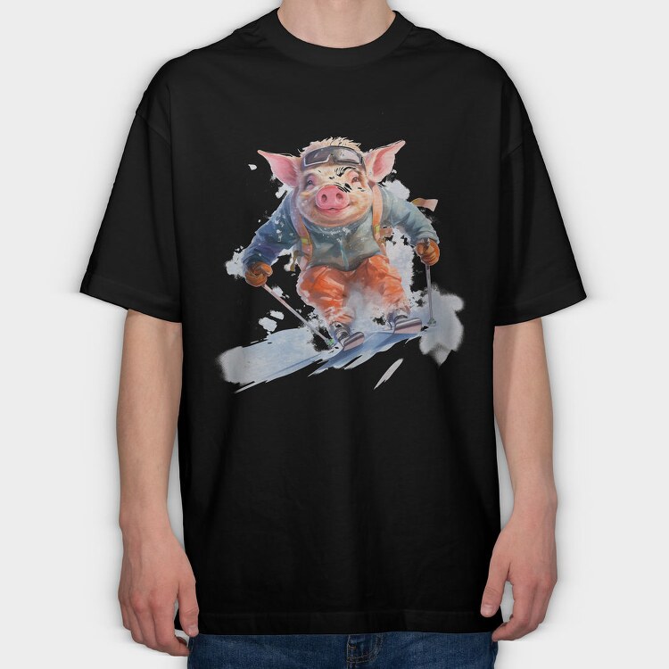 Watercolor Skiing Pig Ski Piggy, Tricou Oversize Barbati (Unisex)