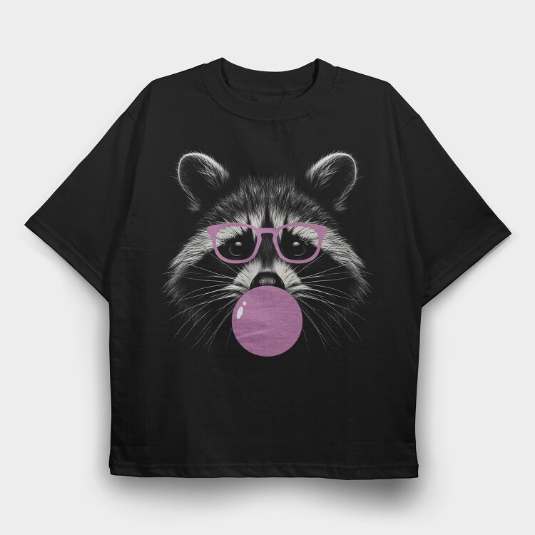 Funny Raccoon With Bubblegum And Glasses, Tricou Oversize Barbati (Unisex)