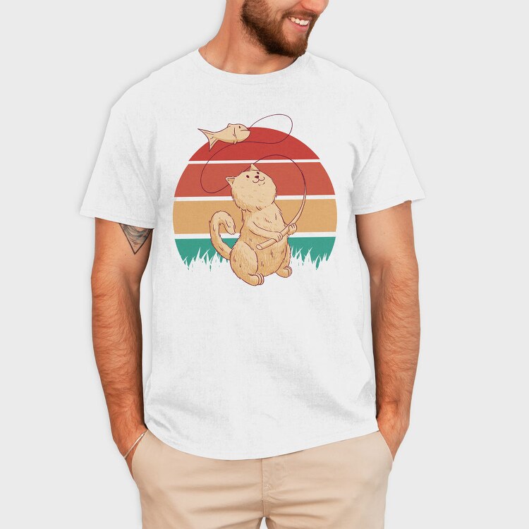 Cute Cat Fishing Retro Sunset, Tricou Barbati (Unisex)