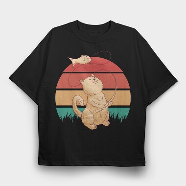 Cute Cat Fishing Retro Sunset, Tricou Oversize Barbati (Unisex)
