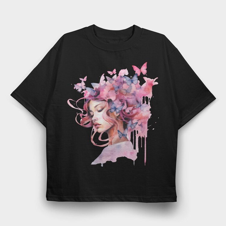 Woman With Butterflies, Tricou Oversize Barbati (Unisex)